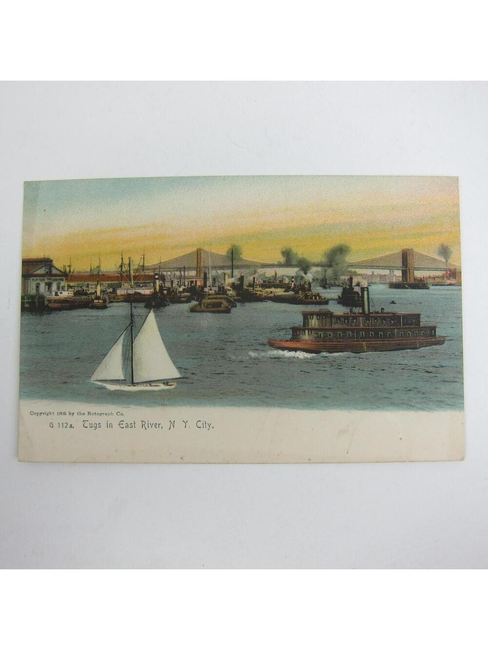 Postcard New York City Tugs in East River Steamships Boats Antique UNPOSTED RARE